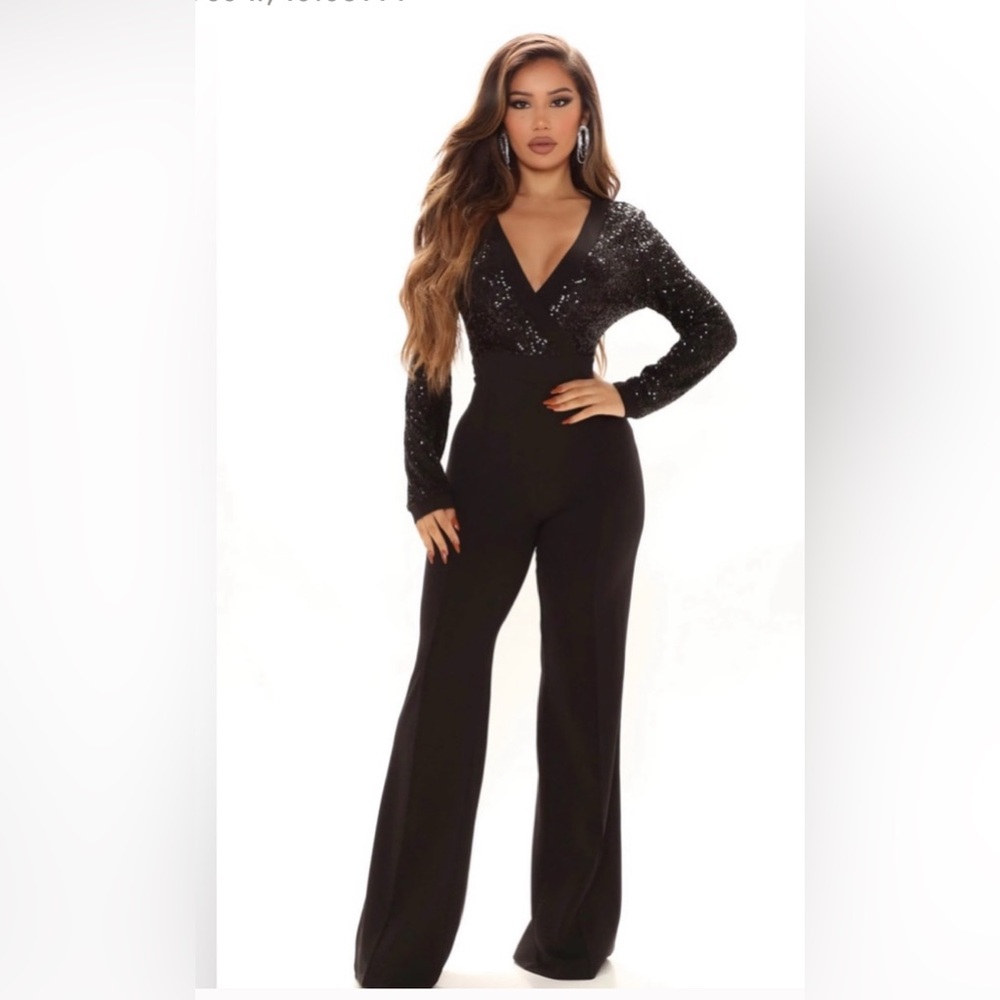 Fashion Nova Black Sequin V-Neck Jumpsuit